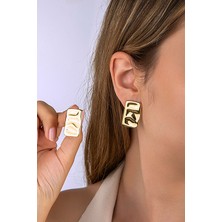INNUENDO JEWELRY Innuendo Altın Renk Ezme Metal Dikdörtgen Küpe Zirkon Taşlı Çelik Kadın Modern Şık Küpe