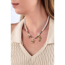 Okyanus Temalı Beyaz Incili Mavi & Kırmızı Taşlı Kolye