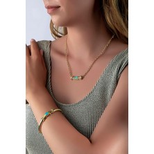 Güneş Işığı Motifli Mavi Taşlı Gold Kolye