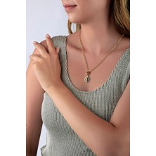 INNUENDO JEWELRY Innuendo Halka Zincirli Siyah Mineli Pembe Taşlı Art Deco Kolye Çelik Zirkon Taşlı Kadın Şık Kolye