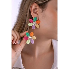 Inci ve Taş Detaylı Renkli Çiçek Figürlü Hasır Küpe