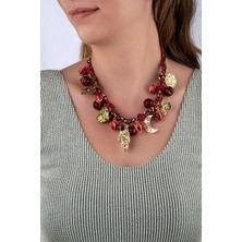 Meyve Görünümlü Taşlı & Gold Charmlı Bordo Kolye