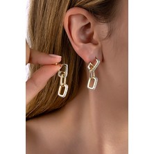 INNUENDO JEWELRY Altın Renkli Taşlı Dikdörtgen Zincir Detaylı Sallantılı Küpe Zirkon Taşlı Kadın Şık Zarif Küpe