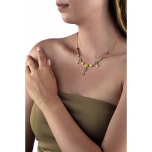 Altın Renkli Renkli Taşlı Geometrik Mavi Opal Kolye