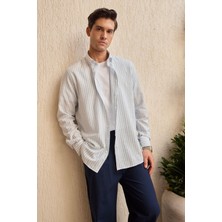 Onan Erkek Klasik Gömlek Modern Slim Fit Keten Görünümlü Ince Çizgili Desen