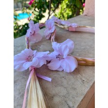 Pembe Renk Çiçek Figürlü Sarı Örgü Saçlı Kız Çocuk Taç