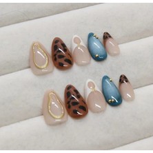 By Maya Beauty Nail 30'lu Leopar ve Gold Detaylı Renkli Dijital Baskı Kısa Badem Model Jel Protez Takma Tırnak