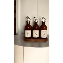 Home Meftune Oval Ahşap Stantlı Amber Zeytinyağı Limon Suyu Sirke Şişesi Yağdanlık 3lü Set 300ML