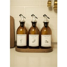 Home Meftune Oval Ahşap Stantlı Amber Zeytinyağı Limon Suyu Sirke Şişesi Yağdanlık 3lü Set 300ML