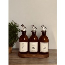 Home Meftune Oval Ahşap Stantlı Amber Zeytinyağı Limon Suyu Sirke Şişesi Yağdanlık 3lü Set 300ML