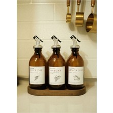 Home Meftune Oval Ahşap Stantlı Amber Zeytinyağı Limon Suyu Sirke Şişesi Yağdanlık 3lü Set 300ML