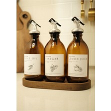 Home Meftune Oval Ahşap Stantlı Amber Zeytinyağı Limon Suyu Sirke Şişesi Yağdanlık 3lü Set 300ML