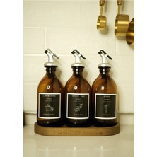 Home Meftune Oval Ahşap Stantlı Amber Zeytinyağı Limon Suyu Sirke Şişesi Yağdanlık 3lü Set 300ML