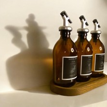 Home Meftune Oval Ahşap Stantlı Amber Zeytinyağı Limon Suyu Sirke Şişesi Yağdanlık 3lü Set 300ML