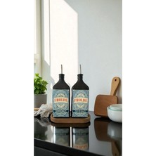 Home Ahşap Stantlı 2'li Amber 500 ml Yassı Cam Ayçiçek Yağı Zeytinyağı Şişesi Yağdanlık