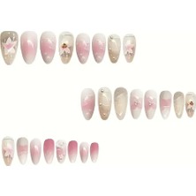 By Maya Beauty Nail 24'lü Pembe 3D Kabartmalı Çiçek Desenli Orta Badem Model Jel Protez Görünümlü Takma Tırnak Seti