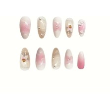 By Maya Beauty Nail 24'lü Pembe 3D Kabartmalı Çiçek Desenli Orta Badem Model Jel Protez Görünümlü Takma Tırnak Seti