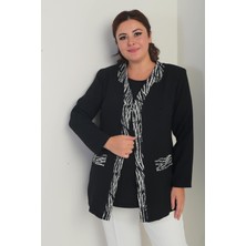 Kadın Içi Kolsuz Likralı Bluz Önü Şerit Desenli Krep Ceket Büyük Beden 2'li Takım