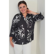 Kadın Polo Yaka Çeyrek Kol Soyut Desenli Büyük Beden Bluz