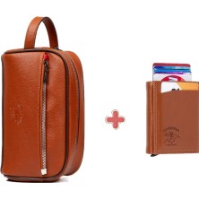 Erkek Deri Mekanizmalı Cüzdan ve Portföy Clutch Traş Kozmetik Bakım ve Günlük El Çantası (14X24CM) NEWPOLO171 - Taba - Taba