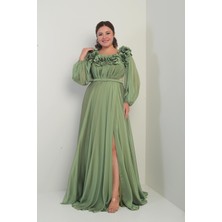 Çiçekli Madonna Yaka Kemerli Astarlı Şifon B.b. Uzun Elbise