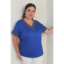 Kadın Yaka ve Kol Ucu Simli File Detaylı Büyük Beden Bluz