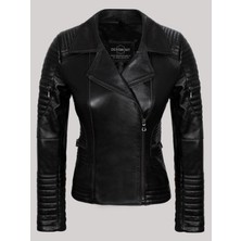 Deri Work Hakiki Kuzu Derisi Siyah Kol ve Bel Fermuar Cepli Düz Çizgi Detaylı Kadın Deri Mont