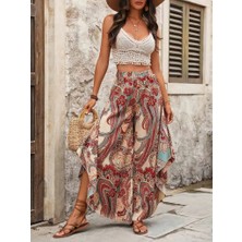 Martcini Kadın Yüksek Bel Beli Lastikli Desenli Geniş Paçalı Süprem Pantolon