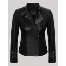 Deri Work Hakiki Kuzu Derisi Siyah Düz Çizgi Detaylı Koldan Fermuarlı Yandan Cepli Kadın Deri Mont