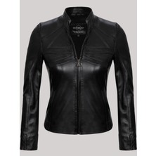 Deri Work Hakiki Kuzu Derisi Siyah Hakim Yaka Düz Kesim Kadın Deri Mont