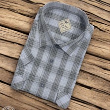 Linen Keten Klasik Kısa Kollu Iki Cepli Kapaklı Mavi Baba Gömleği (Regular Kalıp)