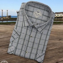 Linen Keten Klasik Kısa Kollu Iki Cepli Kapaklı Gri Baba Gömleği (Regular Kalıp)