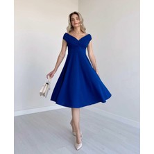 Kadın Kısa Kollu Kruvaze Yaka Eteği Volanlı Krep Elbise Mavi-2xl-3xl