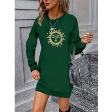 Kadın Uzun Kollu Bisiklet Yaka Güneş Desenli Viskon Iki Iplik Elbise L-Xl-Yeşil