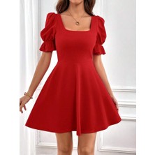 Kadın Kısa Kollu Kare Yakalı Kiloş Ithal Krep Elbise 2xl-3xl-Kırmızı