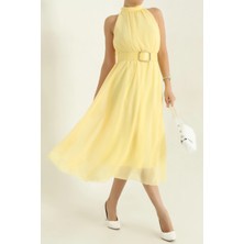 Neşeli Butik Kadın Halter Yaka Kemerli Şifon Elbise NBMY3734