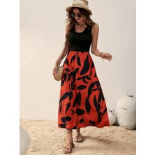 Kadın Askılı Yuvarlak Yaka Üst Viskon Alt Desenli Uzun Süprem Elbise S-M-Kırmızı