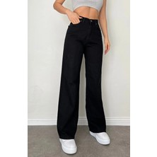 Lorda Giyim Elliy Simsiyah Likralı Süper Yüksek Bel Salaş Jeans Palazzo Pantolon (Süper Yüksek.) Wide Leg