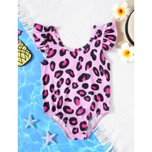 Kız Çocuk Pembe Leopar Desenli Tek Parça Mayo – Fırfır Kollu