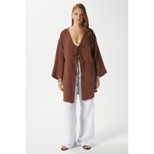 Kadın Sandra %100 Pamuk Müslin Bağcıklı Kahvrengi Kimono
