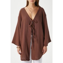 Kadın Sandra %100 Pamuk Müslin Bağcıklı Kahvrengi Kimono