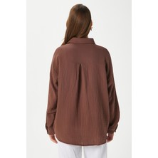 Kadın Tilda %100 Pamuk Müslin Oversize Kahverengi Gömlek