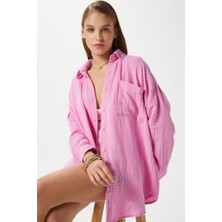 Kadın Tilda %100 Pamuk Müslin Oversize Pembe Gömlek