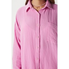 Kadın Tilda %100 Pamuk Müslin Oversize Pembe Gömlek