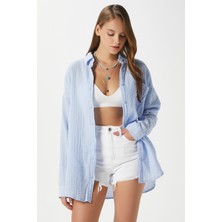 Kadın Tilda %100 Pamuk Müslin Oversize Mavi Gömlek