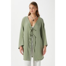 Kadın Sandra %100 Pamuk Müslin Bağcıklı Haki Kimono