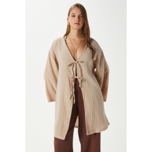 Kadın Sandra %100 Pamuk Müslin Bağcıklı Bej Kimono