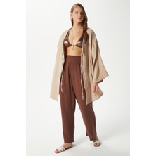 Kadın Sandra %100 Pamuk Müslin Bağcıklı Bej Kimono