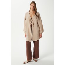 Kadın Sandra %100 Pamuk Müslin Bağcıklı Bej Kimono
