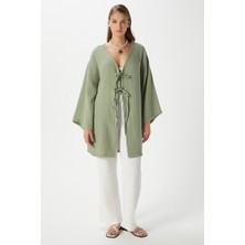 Kadın Sandra %100 Pamuk Müslin Bağcıklı Haki Kimono